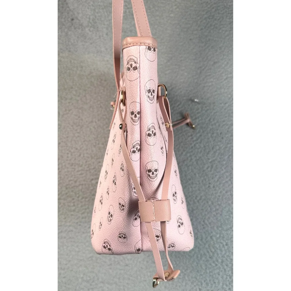 Pink Skull Tote Bag Womens OS Faux Leather Goth Punk Pastel Graphic Shoulder